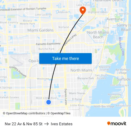 Nw 22 Av & Nw 85 St to Ives Estates map