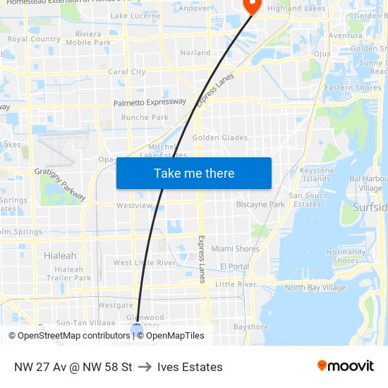 NW 27 Av @ NW 58 St to Ives Estates map