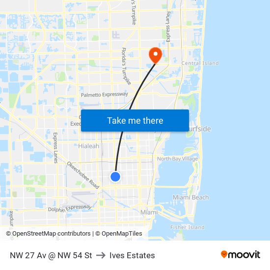 NW 27 Av @ NW 54 St to Ives Estates map