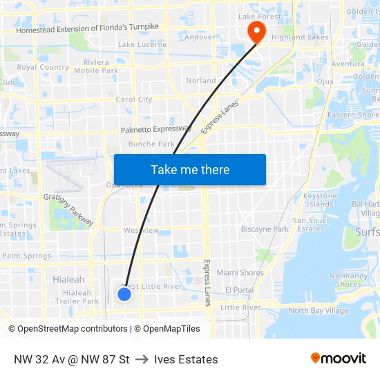 NW 32 Av @ NW 87 St to Ives Estates map