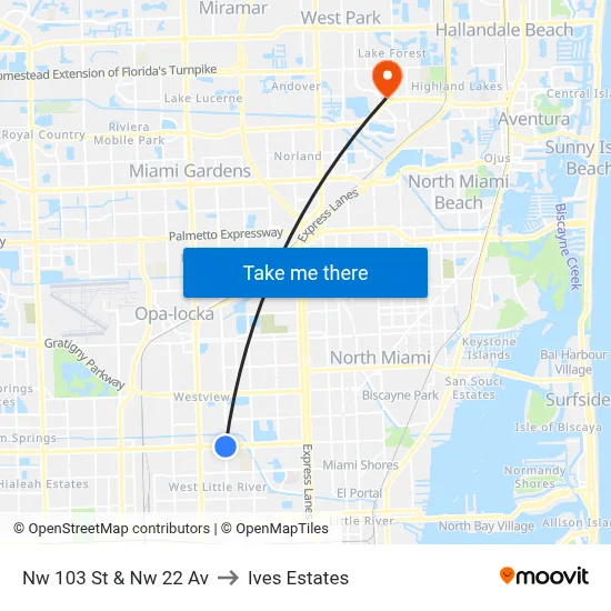 Nw 103 St & Nw 22 Av to Ives Estates map