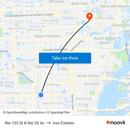 Nw 103 St & Nw 35 Av to Ives Estates map