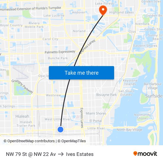 NW 79 St @ NW 22 Av to Ives Estates map