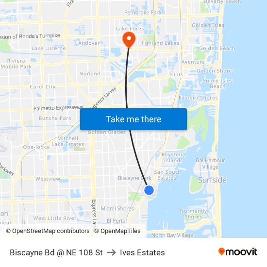 Biscayne Bd @ NE 108 St to Ives Estates map