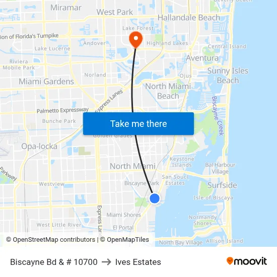 Biscayne Bd & # 10700 to Ives Estates map