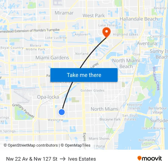 Nw 22 Av & Nw 127 St to Ives Estates map