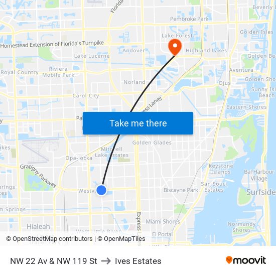 NW 22 Av & NW 119 St to Ives Estates map