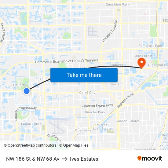 NW 186 St & NW 68 Av to Ives Estates map