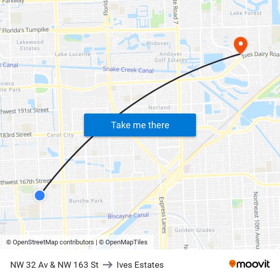 NW 32 Av & NW 163 St to Ives Estates map