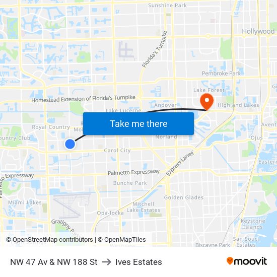 NW 47 Av & NW 188 St to Ives Estates map