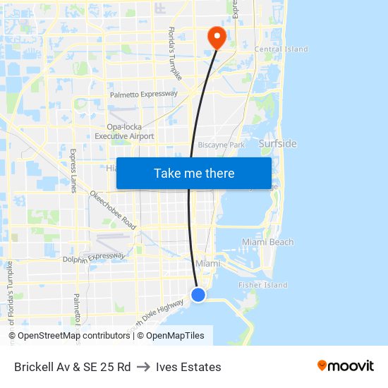 Brickell Av & SE 25 Rd to Ives Estates map