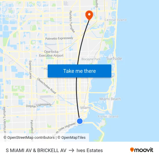 S Miami Av & Brickell Av to Ives Estates map