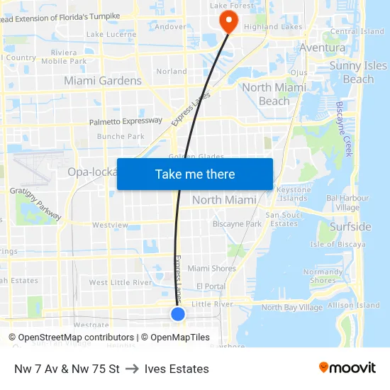 Nw 7 Av & Nw 75 St to Ives Estates map