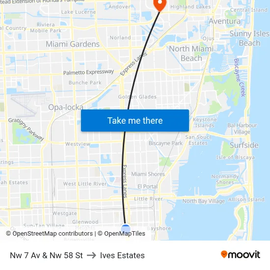 Nw 7 Av & Nw 58 St to Ives Estates map