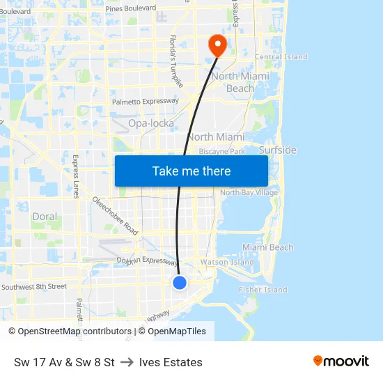 Sw 17 Av & Sw 8 St to Ives Estates map