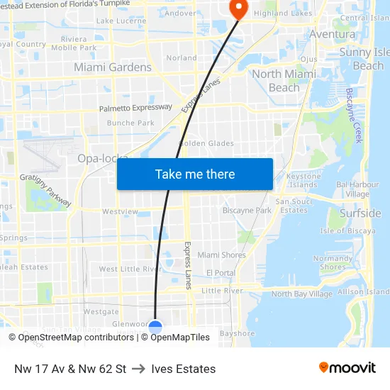 Nw 17 Av & Nw 62 St to Ives Estates map