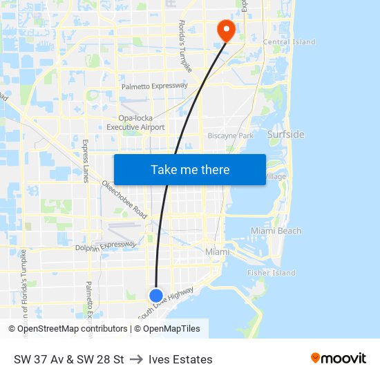 SW 37 Av & SW 28 St to Ives Estates map