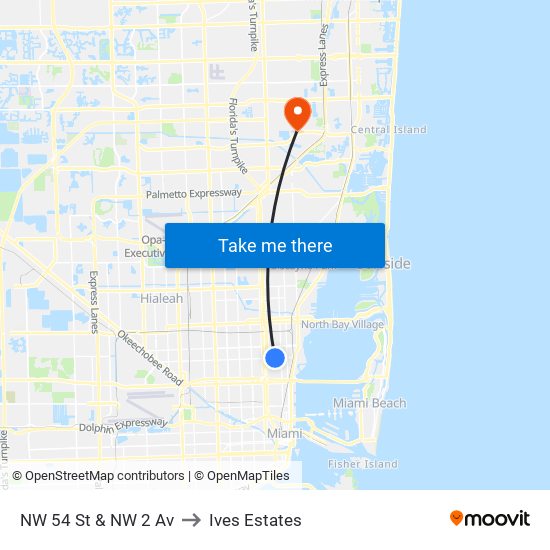 NW 54 St & NW 2 Av to Ives Estates map