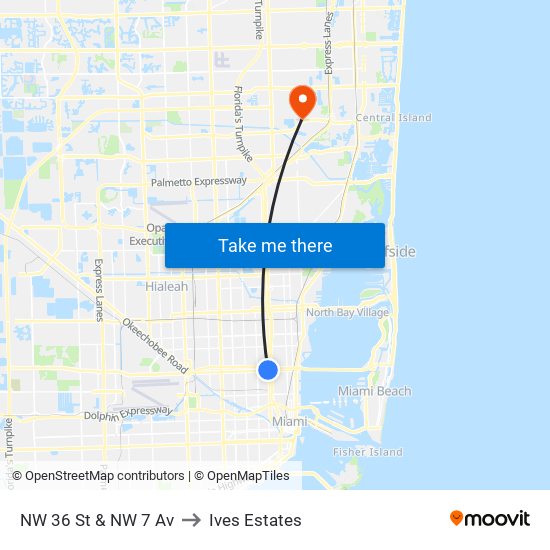 NW 36 St & NW 7 Av to Ives Estates map