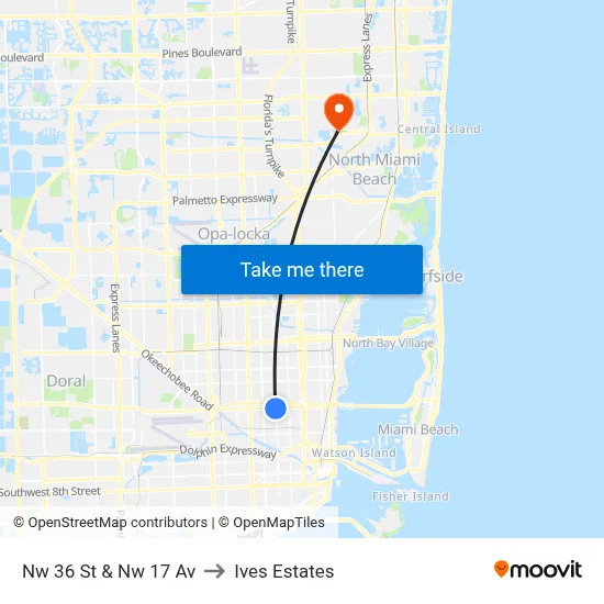 Nw 36 St & Nw 17 Av to Ives Estates map