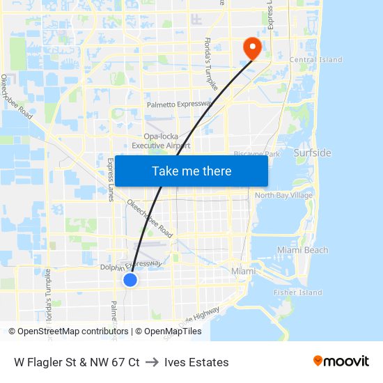 W Flagler St & NW 67 Ct to Ives Estates map