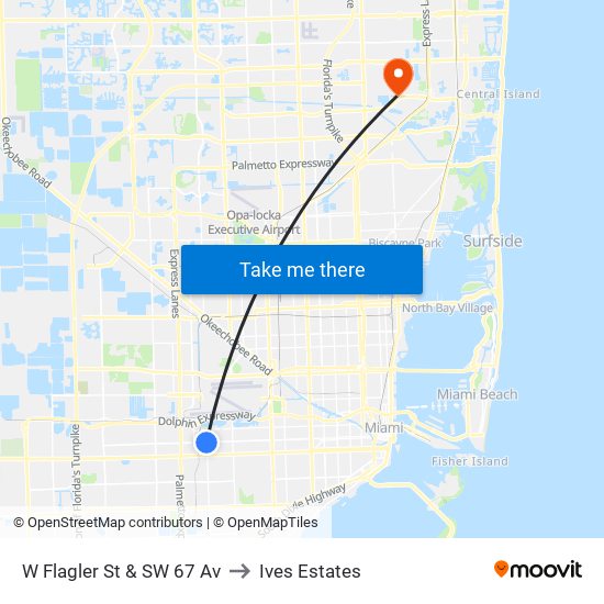 W Flagler St & SW 67 Av to Ives Estates map