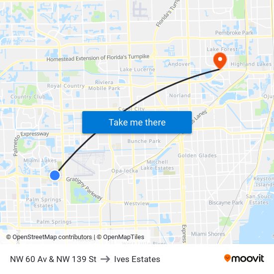 NW 60 Av & NW 139 St to Ives Estates map