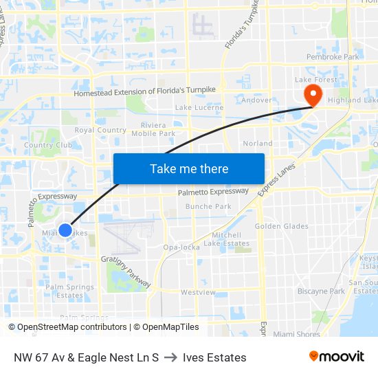 NW 67 Av & Eagle Nest Ln S to Ives Estates map