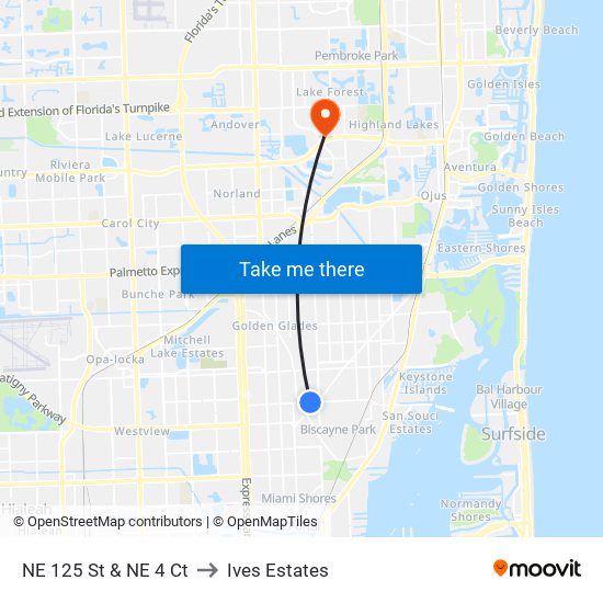 NE 125 St & NE 4 Ct to Ives Estates map