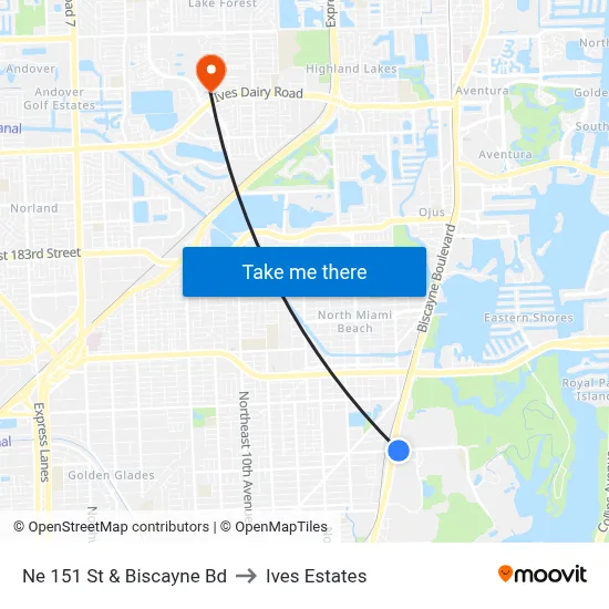 Ne 151 St & Biscayne Bd to Ives Estates map