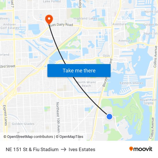 NE 151 St & Fiu Stadium to Ives Estates map