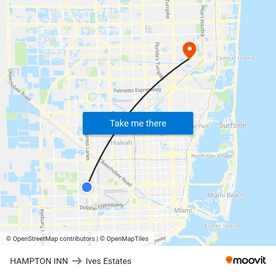Hampton Inn to Ives Estates map