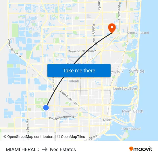 Miami Herald to Ives Estates map