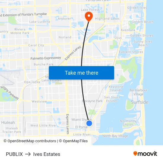 Publix to Ives Estates map