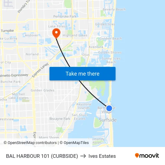 Bal Harbour 101 (Curbside) to Ives Estates map