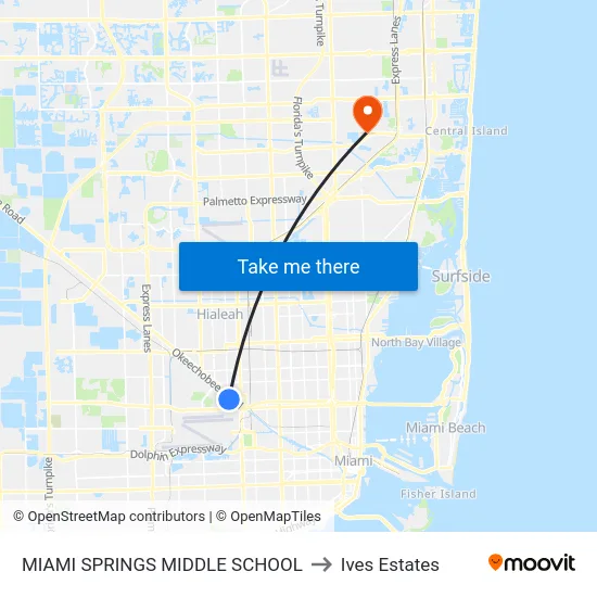 Miami Springs Middle School to Ives Estates map