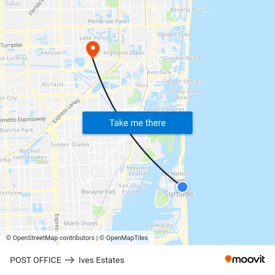 Post Office to Ives Estates map