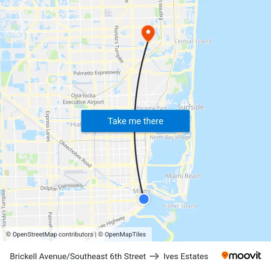 Brickell Avenue/Southeast 6th Street to Ives Estates map