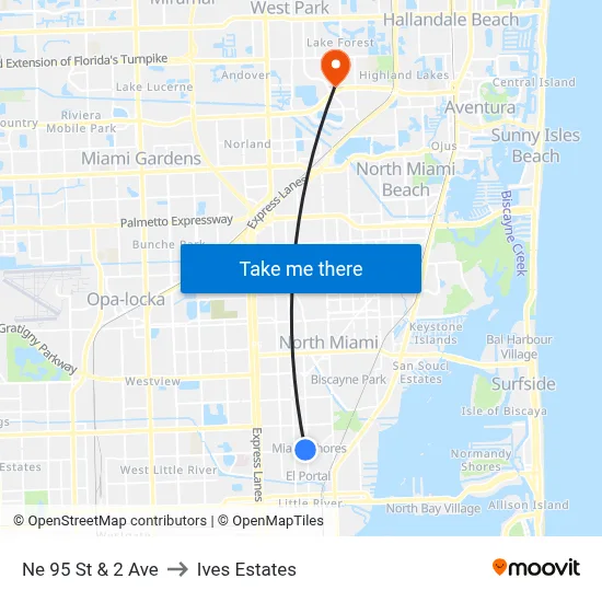 Ne 95 St & 2 Ave to Ives Estates map