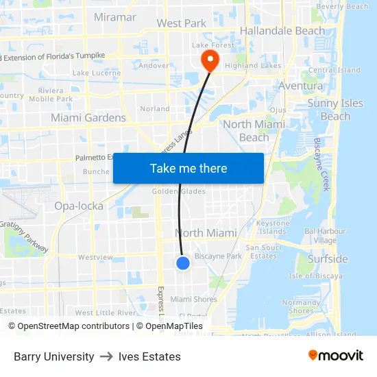 Barry University to Ives Estates map