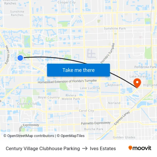 Century Village Clubhouse Parking to Ives Estates map