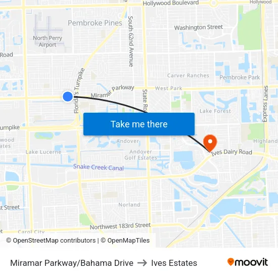 Miramar Parkway/Bahama Drive to Ives Estates map