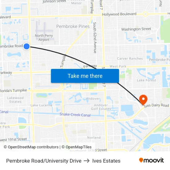 Pembroke Road/University Drive to Ives Estates map