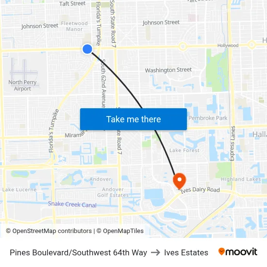 Pines Boulevard/Southwest 64th Way to Ives Estates map