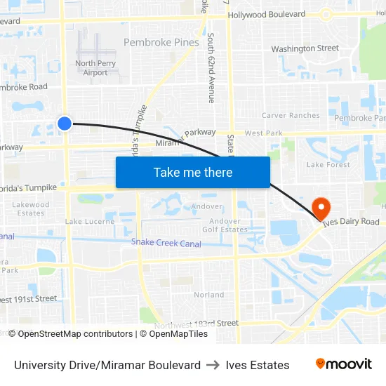University Drive/Miramar Boulevard to Ives Estates map