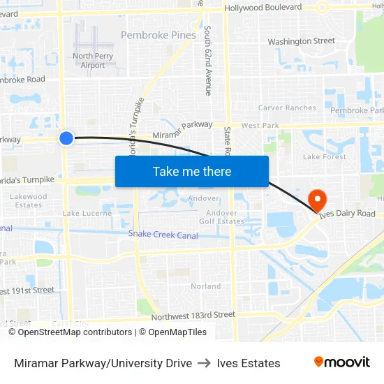 Miramar Parkway/University Drive to Ives Estates map