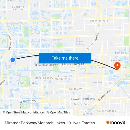 Miramar Parkway/Monarch Lakes to Ives Estates map