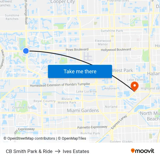 CB Smith Park & Ride to Ives Estates map