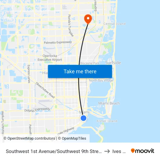 Southwest 1st Avenue/Southwest 9th Street - (Brickell Metrorail Station) to Ives Estates map