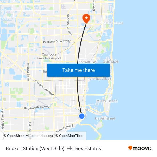 Brickell Station (West Side) to Ives Estates map